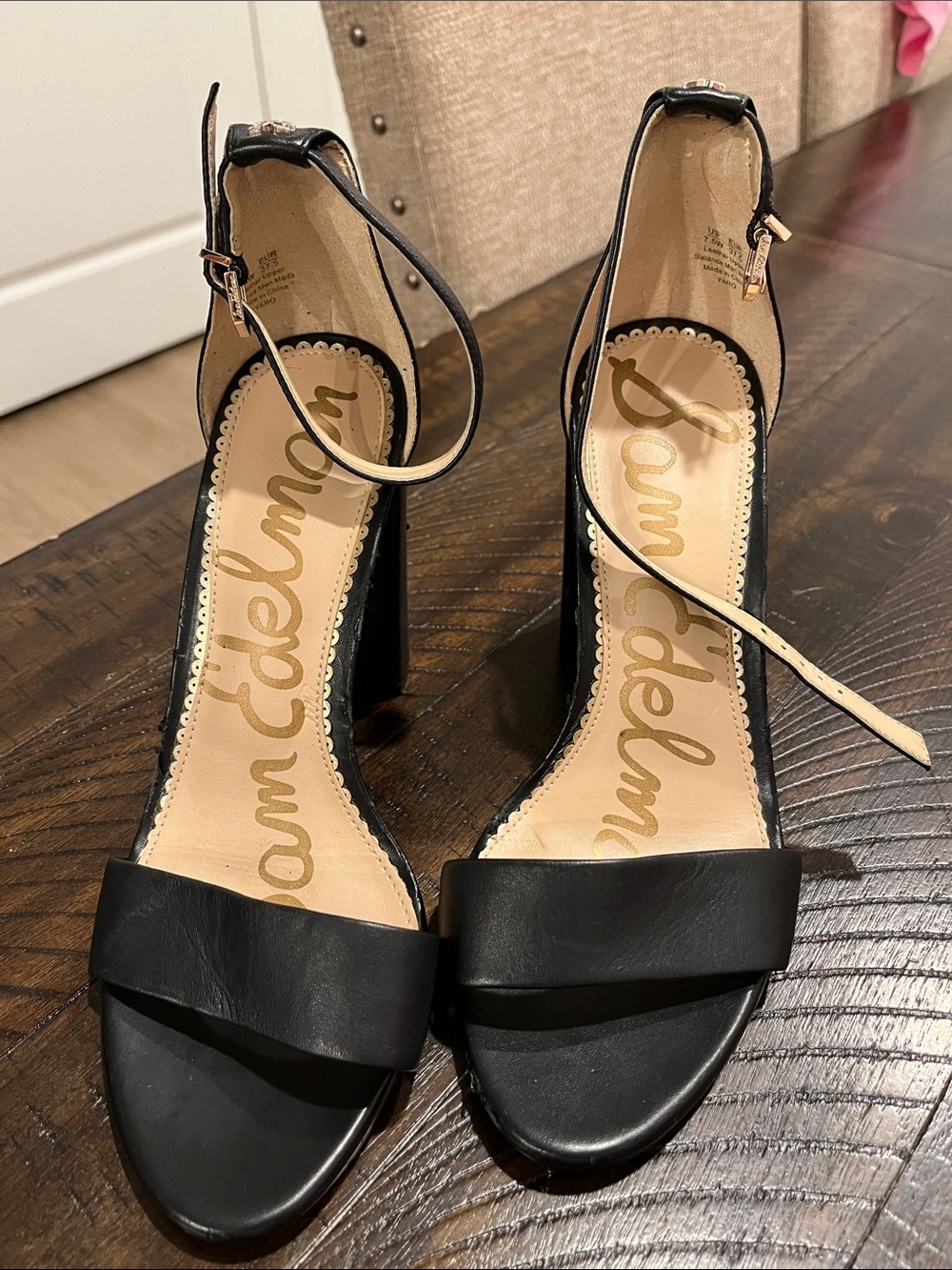 Sam Edelman Black Leather Ankle-Strap Block Heels